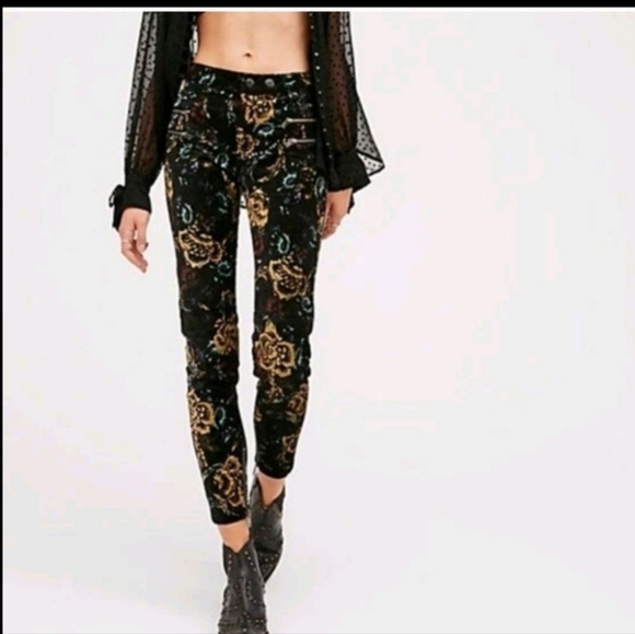 Free People Lennon Funktown Moto Zip Floral Skinnt Pants Sz 12 MSRP $189 - Picture 1 of 7